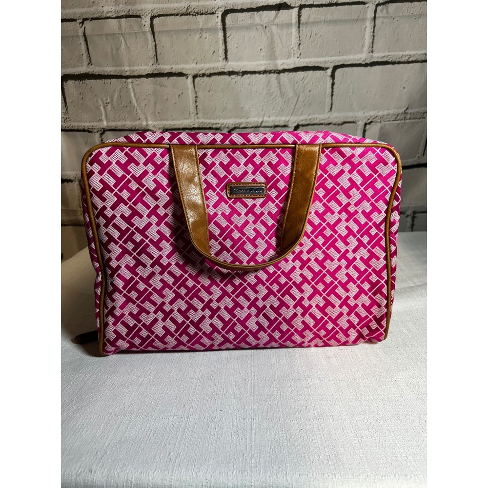 Tommy Hilfiger Pink Monogram Travel Toiletry Bag Makeup Case Organizer Tan Trim